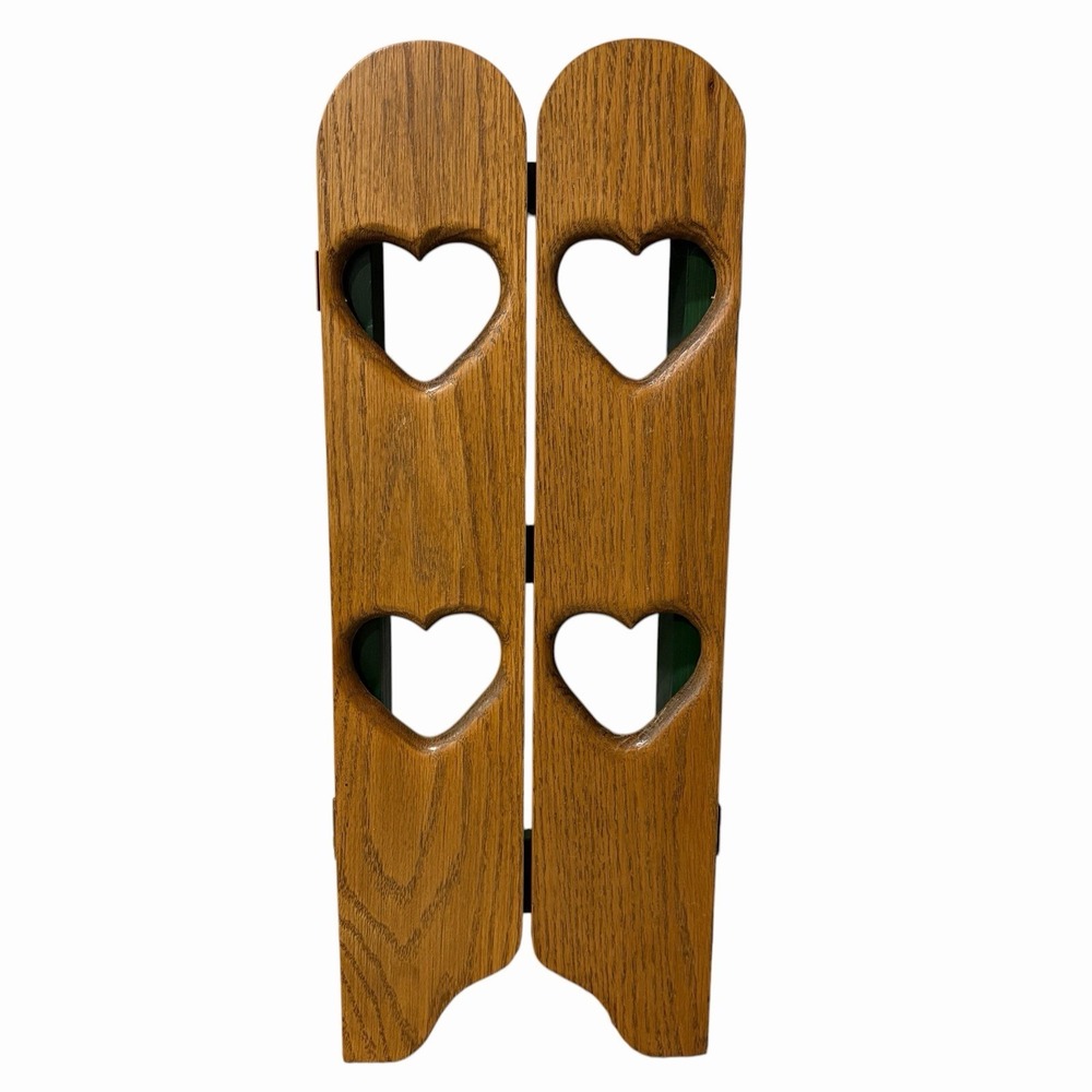 Vtg Wood Wall Shelf Shutter Doors Heart Peg Hooks 18" Green Grandma Cottage Core